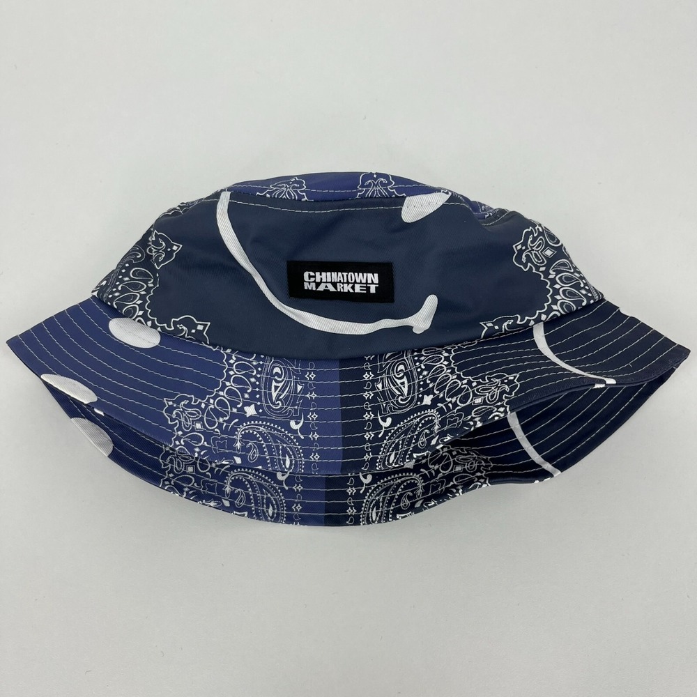 Chinatown Market Smiley Bandana Patchwork Bucket Hat Navy Blue Mens Cotton